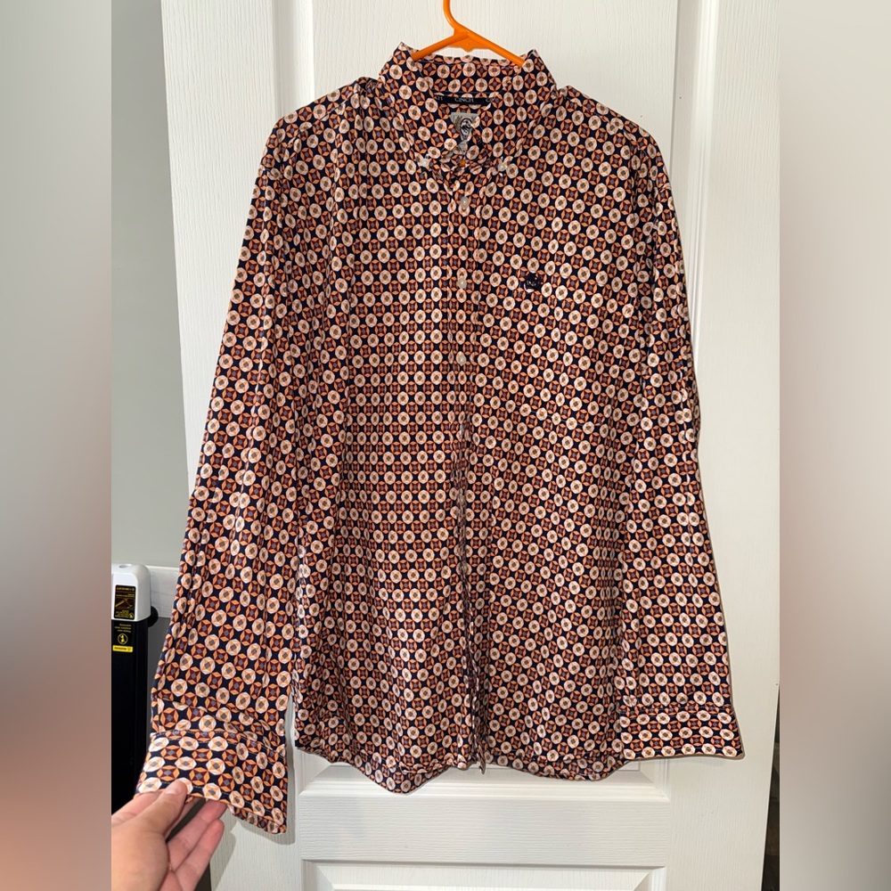 Cinch Men's Geometric Print Button-Front Shirt in Navy and Orange-Tan